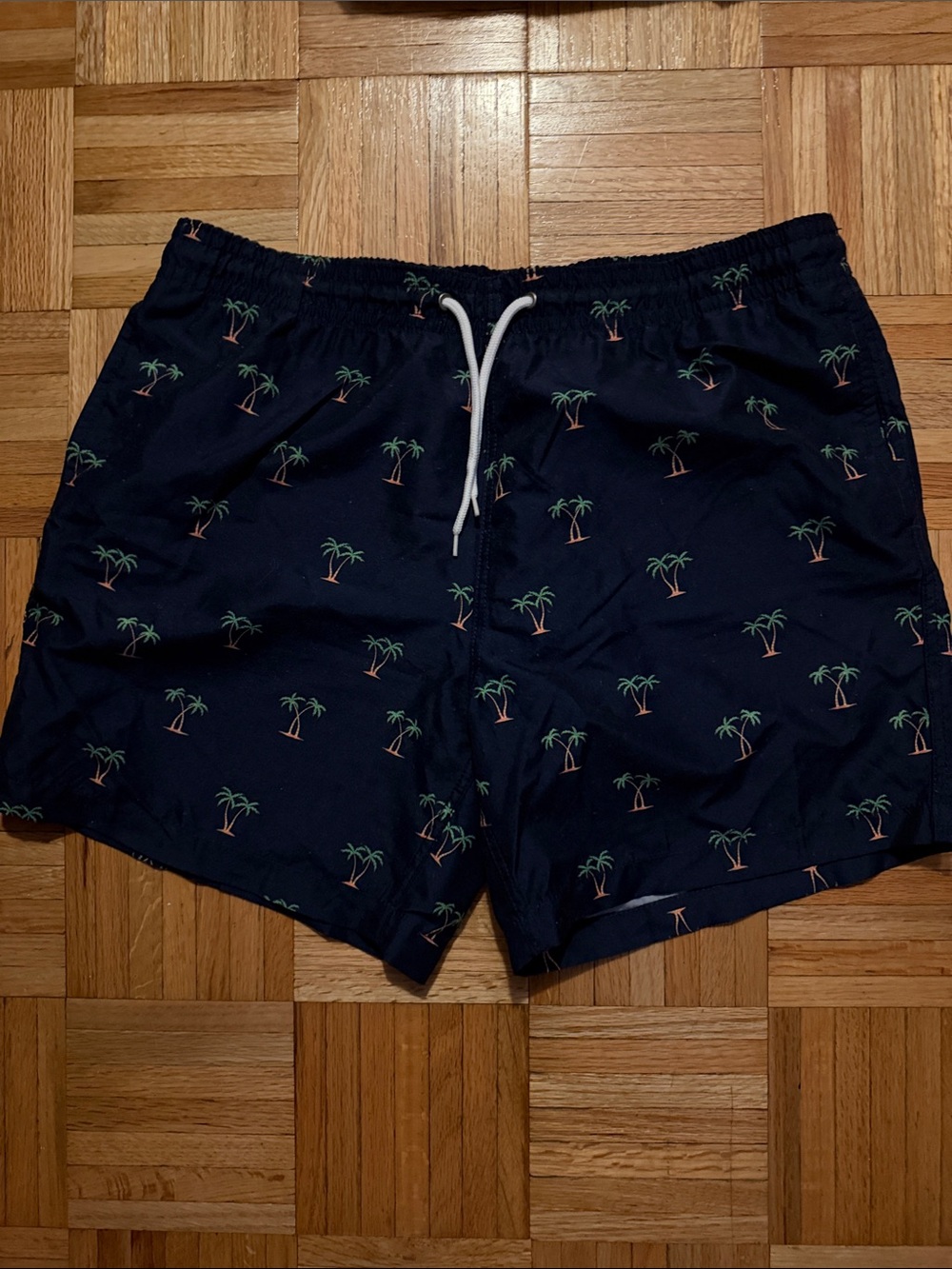 Men's Navy Palm-Print Swim Trunks with White Drawstring